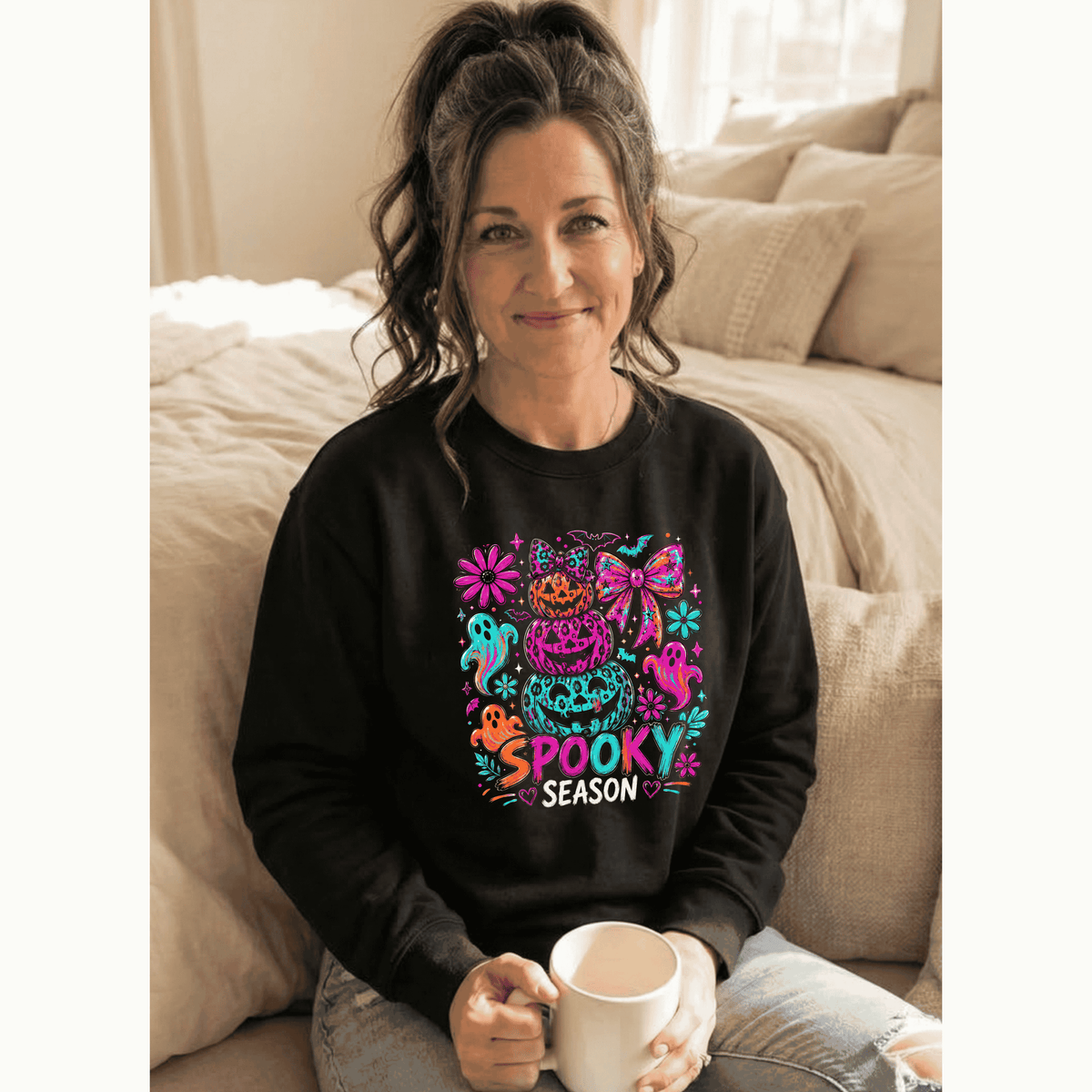 Spooky Season Sweatshirt — Colorful Neon Halloween Pumpkin & Ghost Crewneck