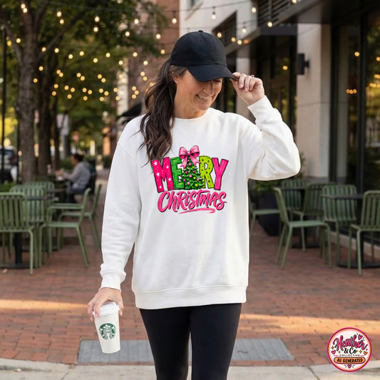 Crewneck Sweatshirt — Merry Christmas Pink & Green Holiday Tree Graphic