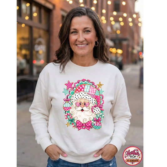 Pink Patchwork Santa Sweatshirt — Cute Christmas Crewneck for Women & Kids