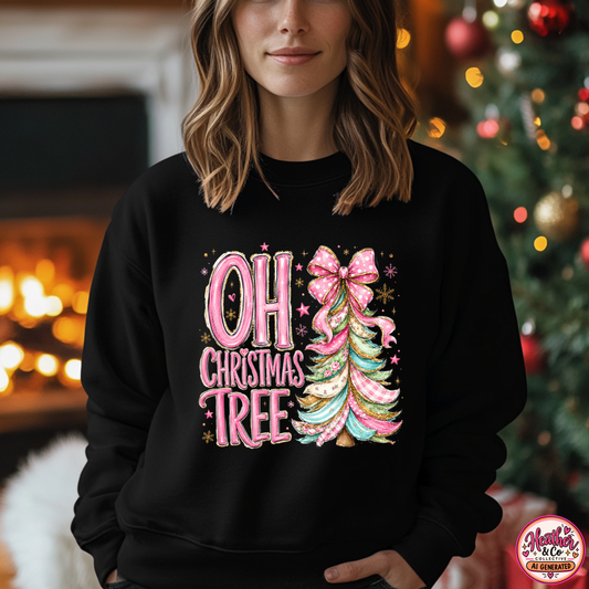 Oh Christmas Tree Sweatshirt | Pink Bow Christmas Crewneck for Women | Girly Holiday Graphic Sweatshirt