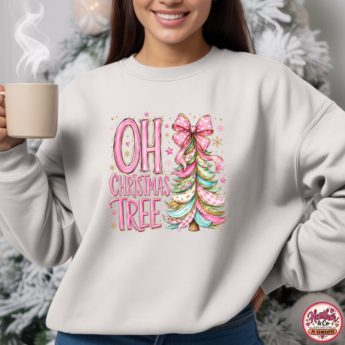 Oh Christmas Tree Sweatshirt | Pink Bow Christmas Crewneck for Women | Girly Holiday Graphic Sweatshirt