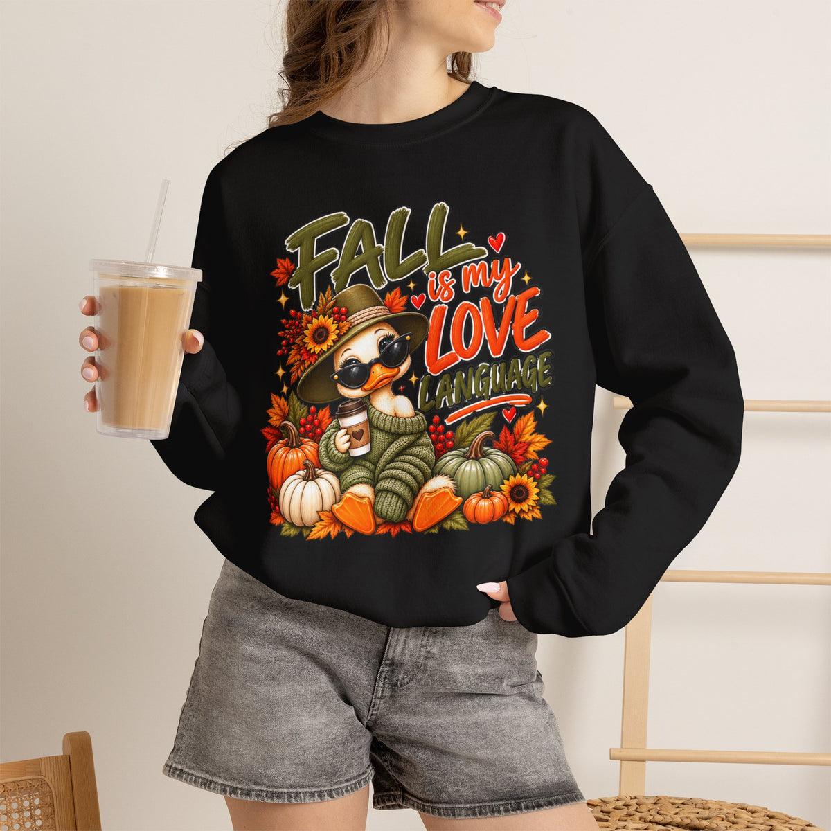 Fall Is My Love Language Sweatshirt — Cute Duck & Pumpkin Autumn Crewneck