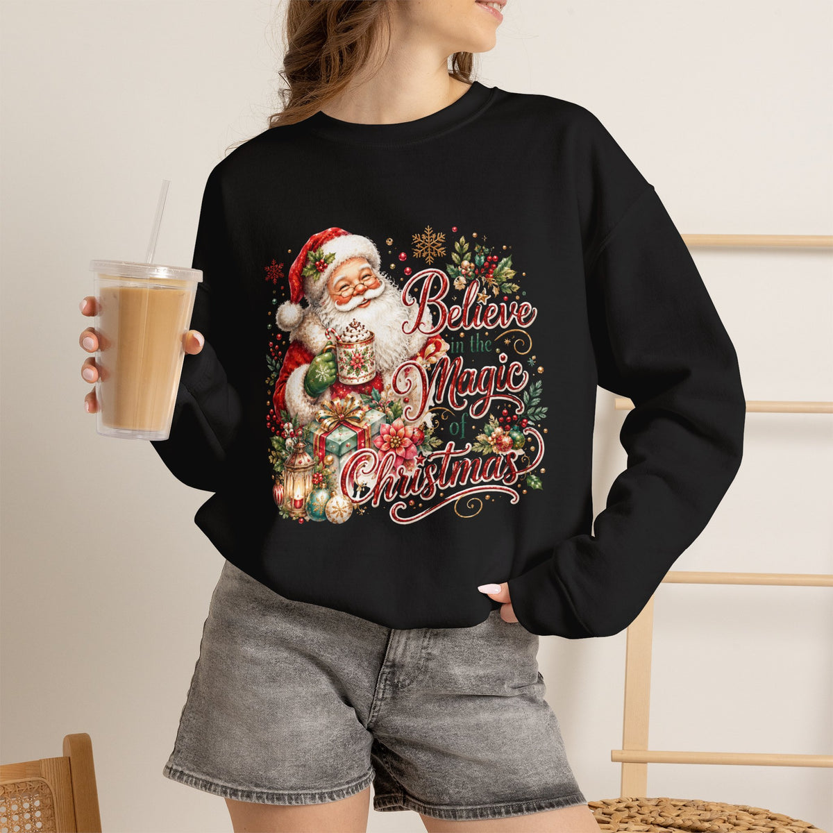 Believe in the Magic of Christmas Sweatshirt | Vintage Santa Christmas Crewneck for Women