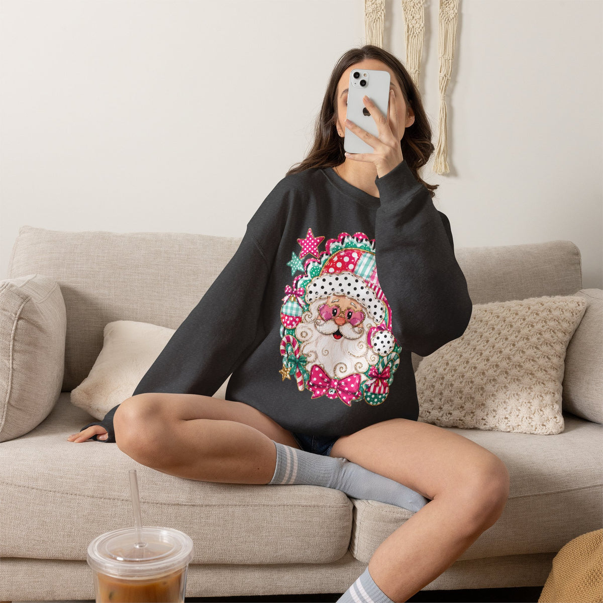 Pink Patchwork Santa Sweatshirt — Cute Christmas Crewneck for Women & Kids