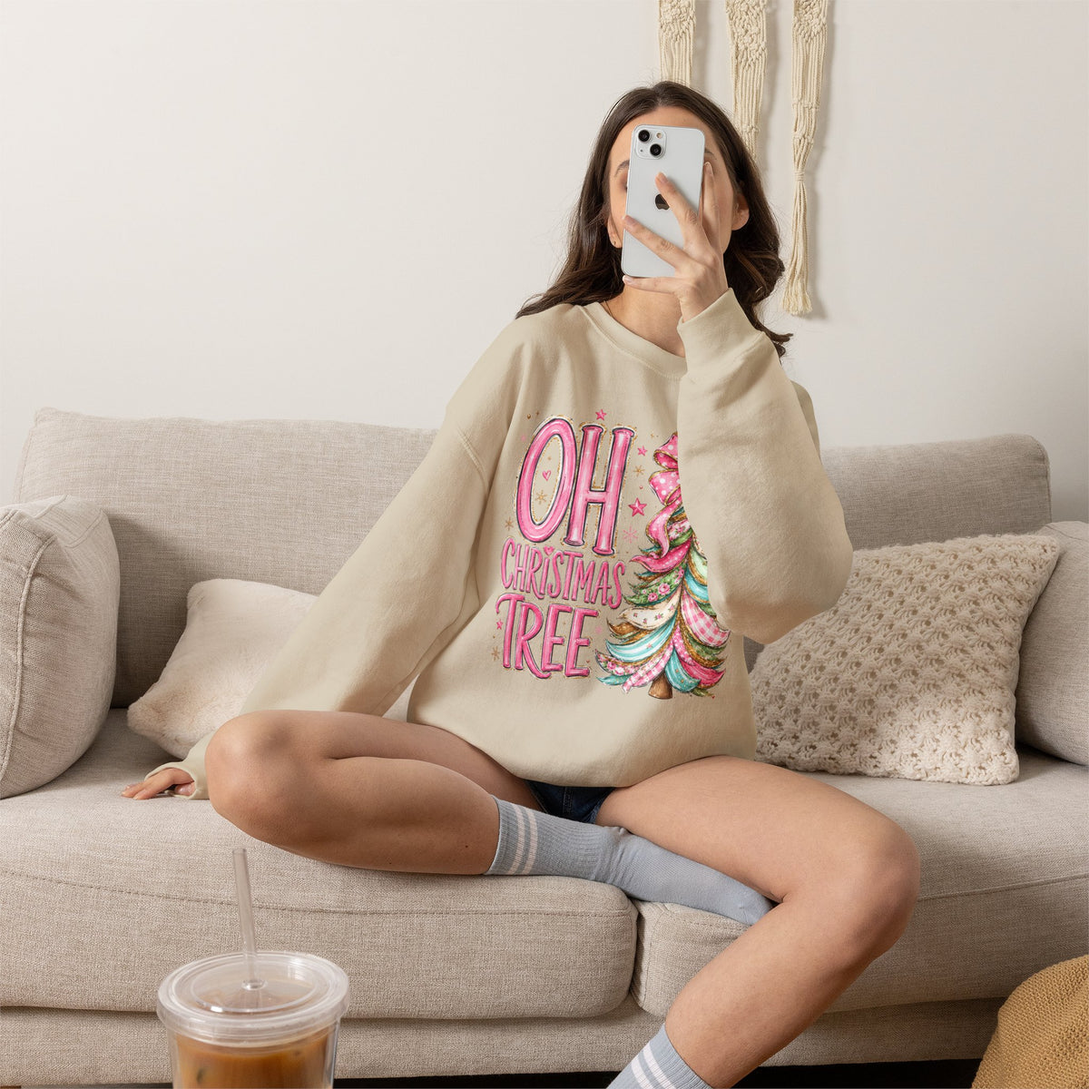 Oh Christmas Tree Sweatshirt | Pink Bow Christmas Crewneck for Women | Girly Holiday Graphic Sweatshirt