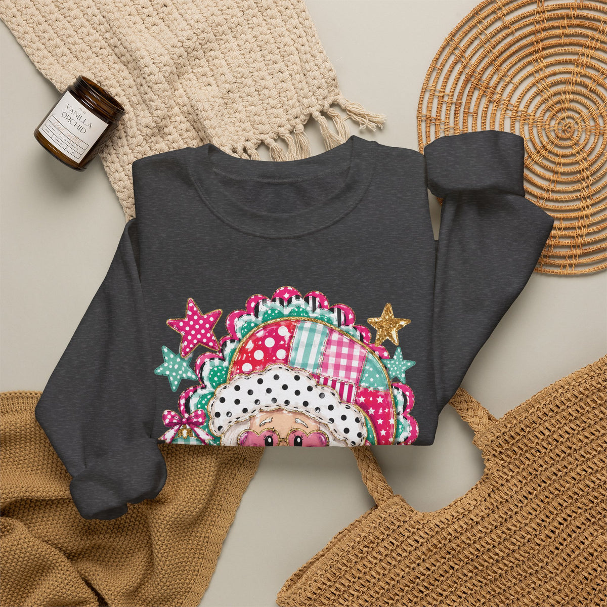 Pink Patchwork Santa Sweatshirt — Cute Christmas Crewneck for Women & Kids