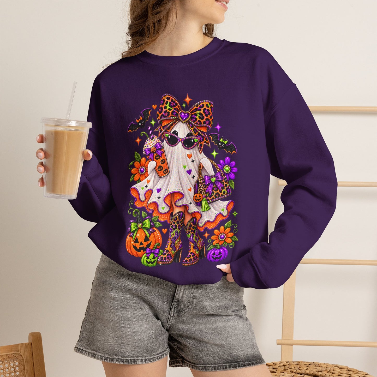 Halloween Ghost Cat Crewneck Sweatshirt — Cute Spooky Pumpkin & Bat Graphic