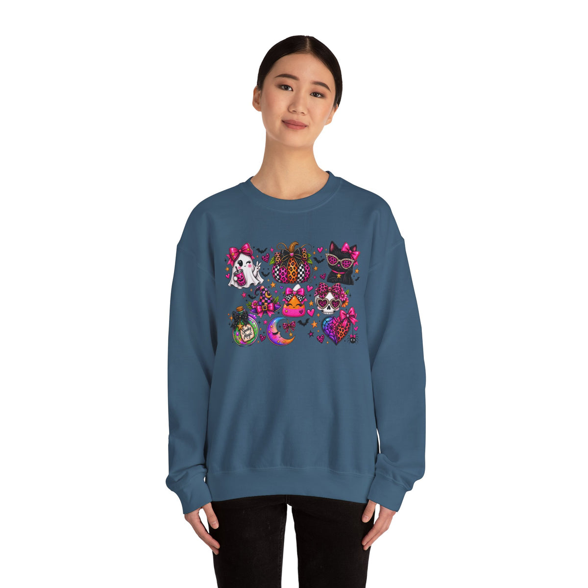 Halloween Cat & Pumpkin Crewneck Sweatshirt — Colorful Spooky Cute Design
