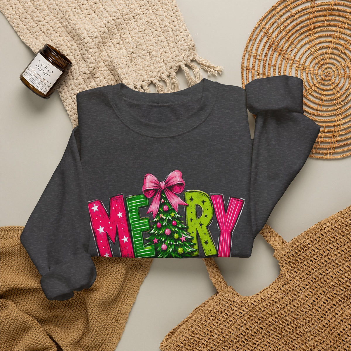 Crewneck Sweatshirt — Merry Christmas Pink & Green Holiday Tree Graphic