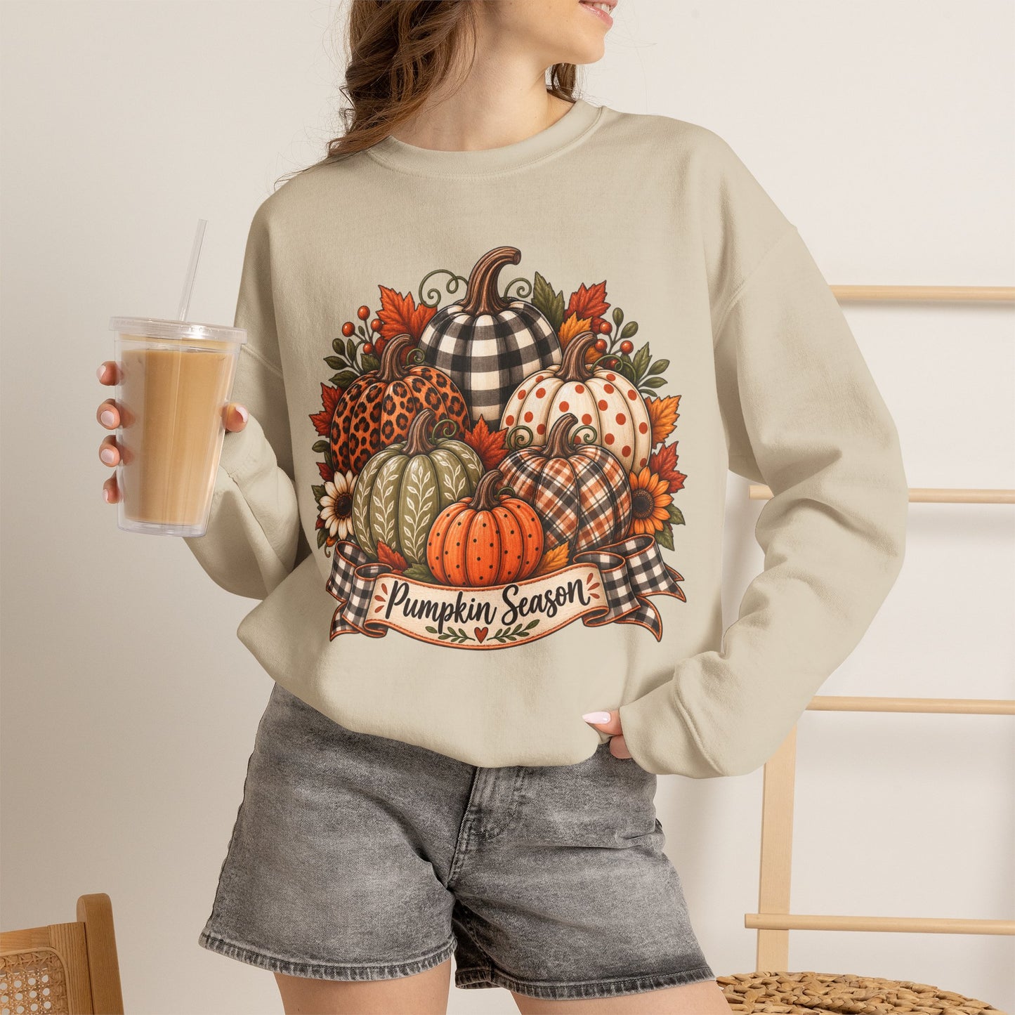 Pumpkin Season Fall Sweatshirt — Plaid & Floral Autumn Pumpkins Crewneck