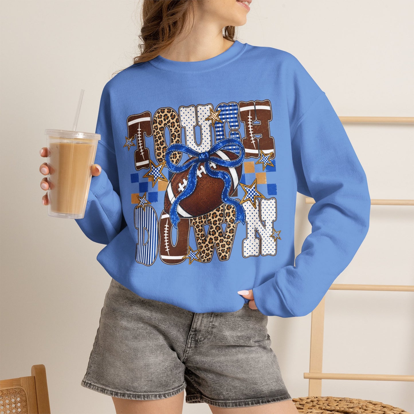 Touchdown Football Crewneck Sweatshirt — Blue & Leopard Print Game Day Pullover