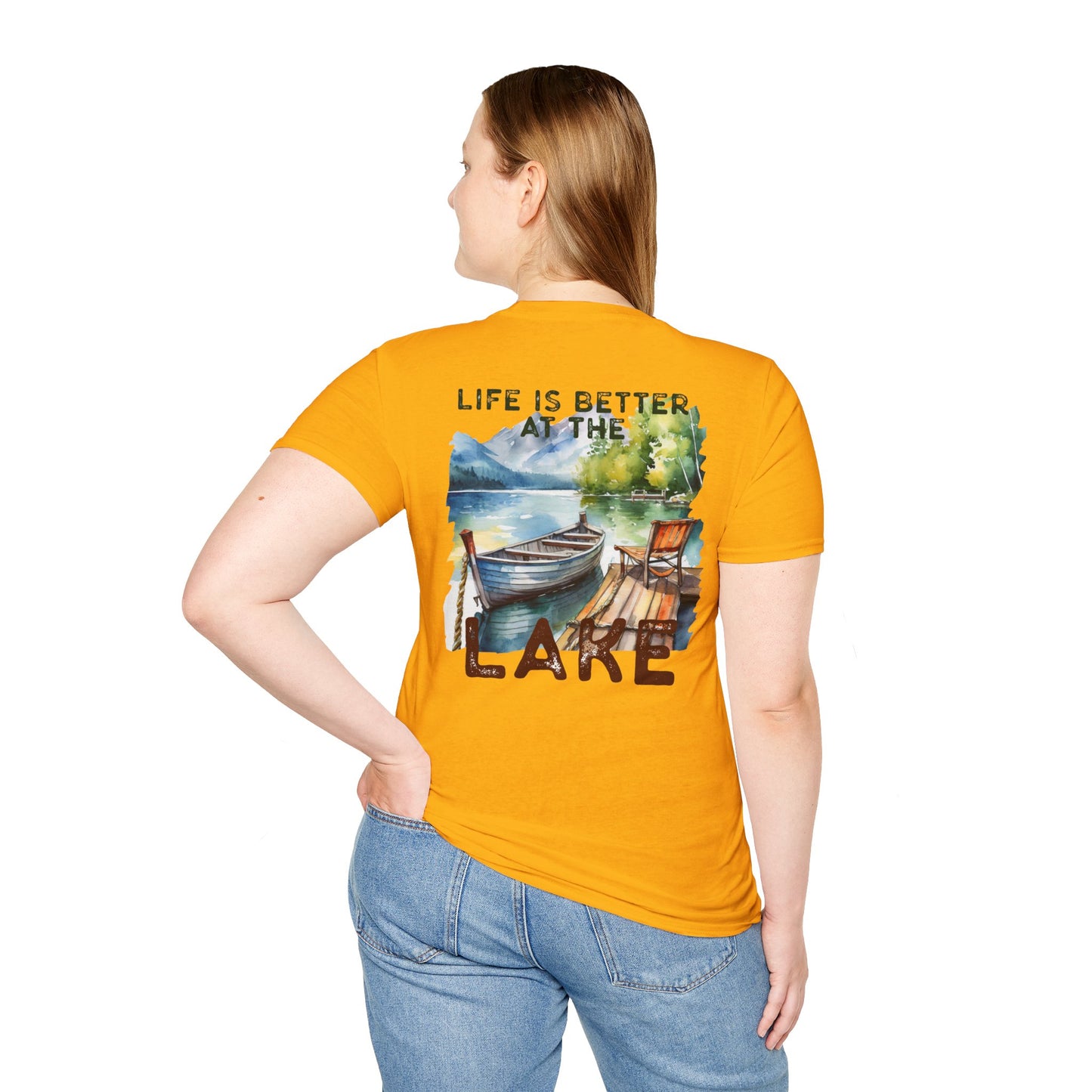 Lake Life T-Shirt — "Life Is Better at the Lake" Boat, Dock & Rocking Chair Design