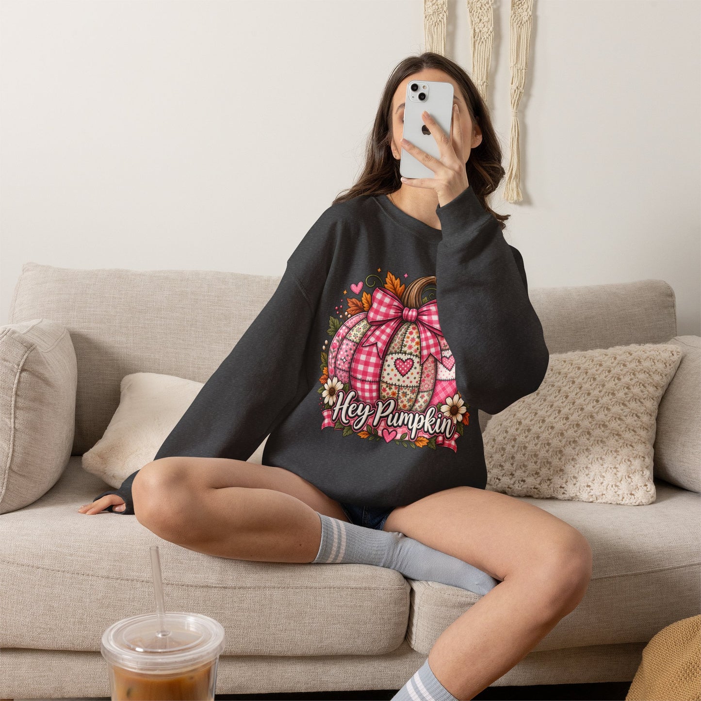 Hey Pumpkin Sweatshirt — Pink Plaid Pumpkin Crewneck for Fall & Valentine’s
