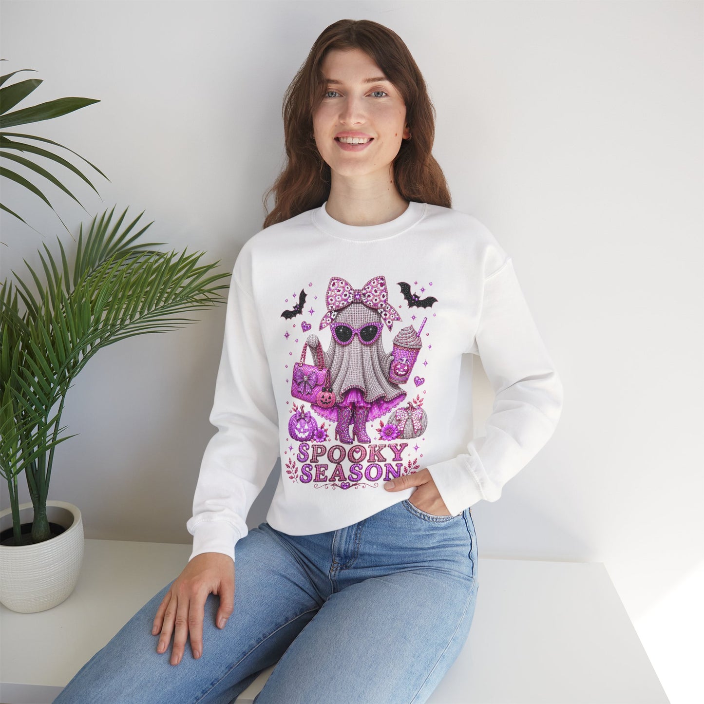 Spooky Season Ghost Crewneck Sweatshirt — Cute Pink Halloween Graphic