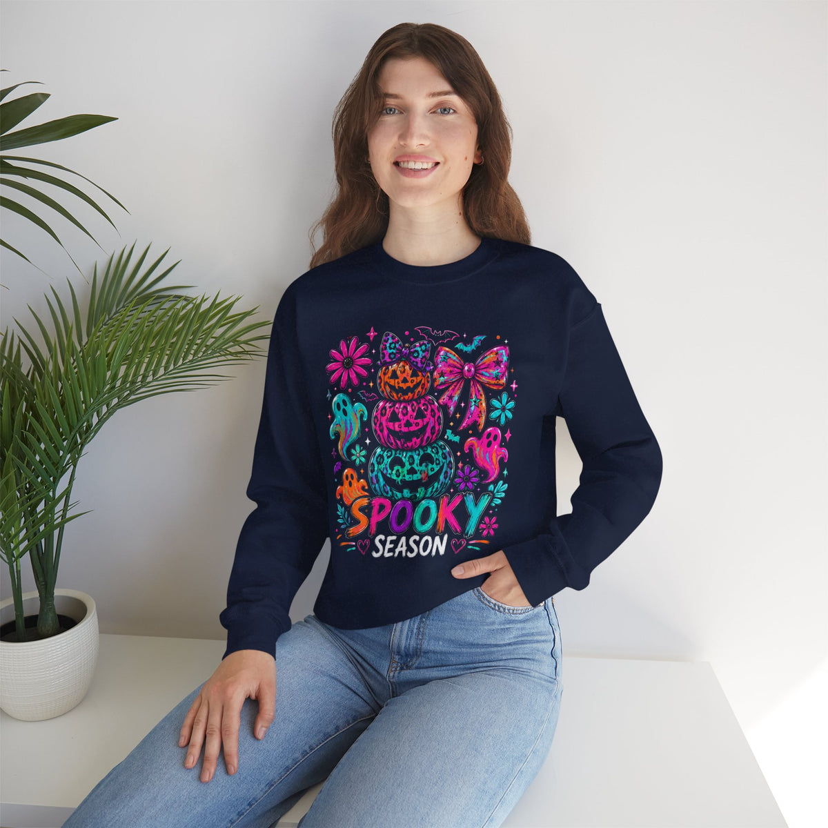 Spooky Season Sweatshirt — Colorful Neon Halloween Pumpkin & Ghost Crewneck