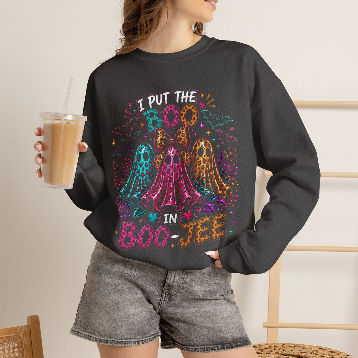 Halloween Crewneck Sweatshirt - "I Put the Boo in Boo-tee" Colorful Ghosts