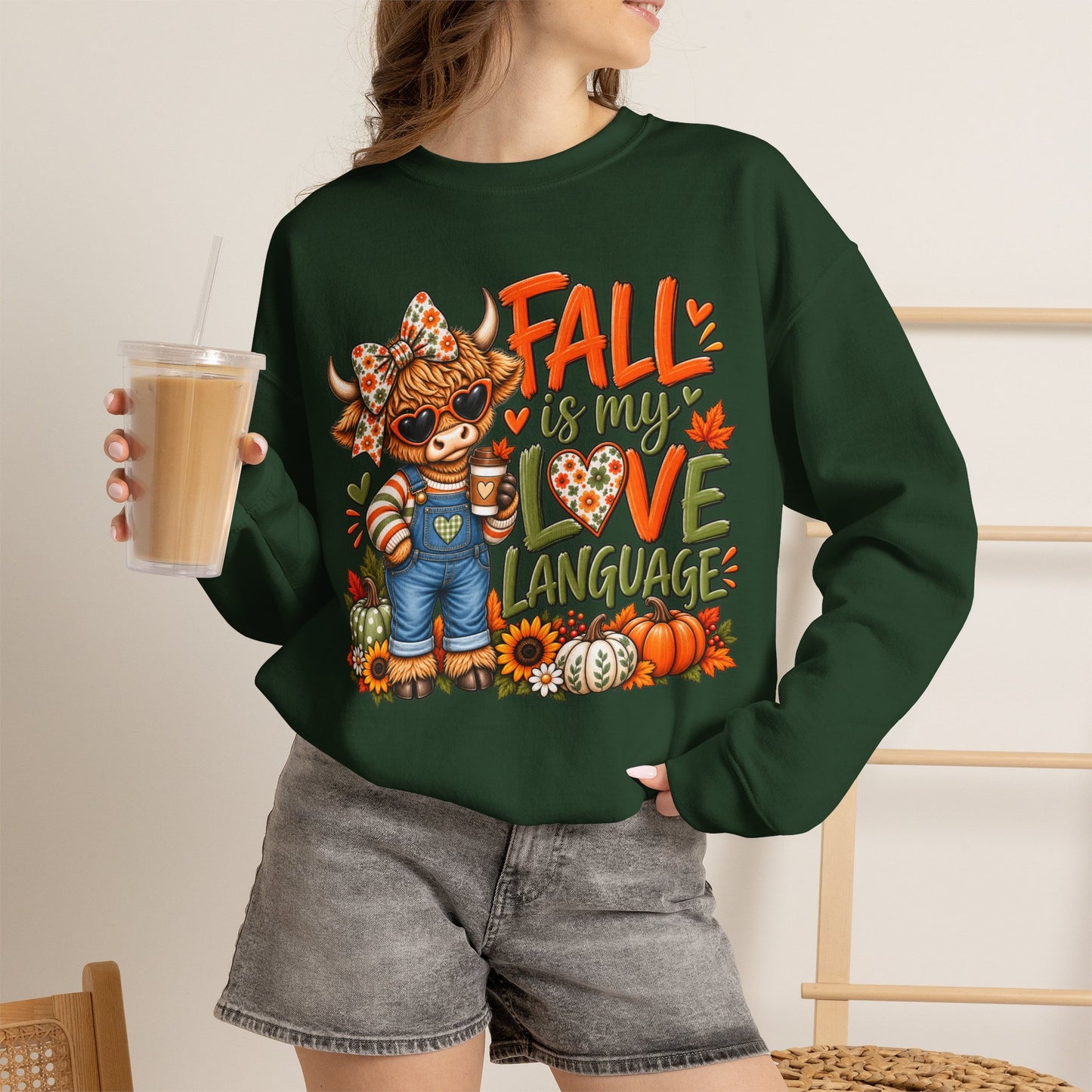 Fall Is My Love Language Sweatshirt — Cute Autumn Cow Graphic Crewneck