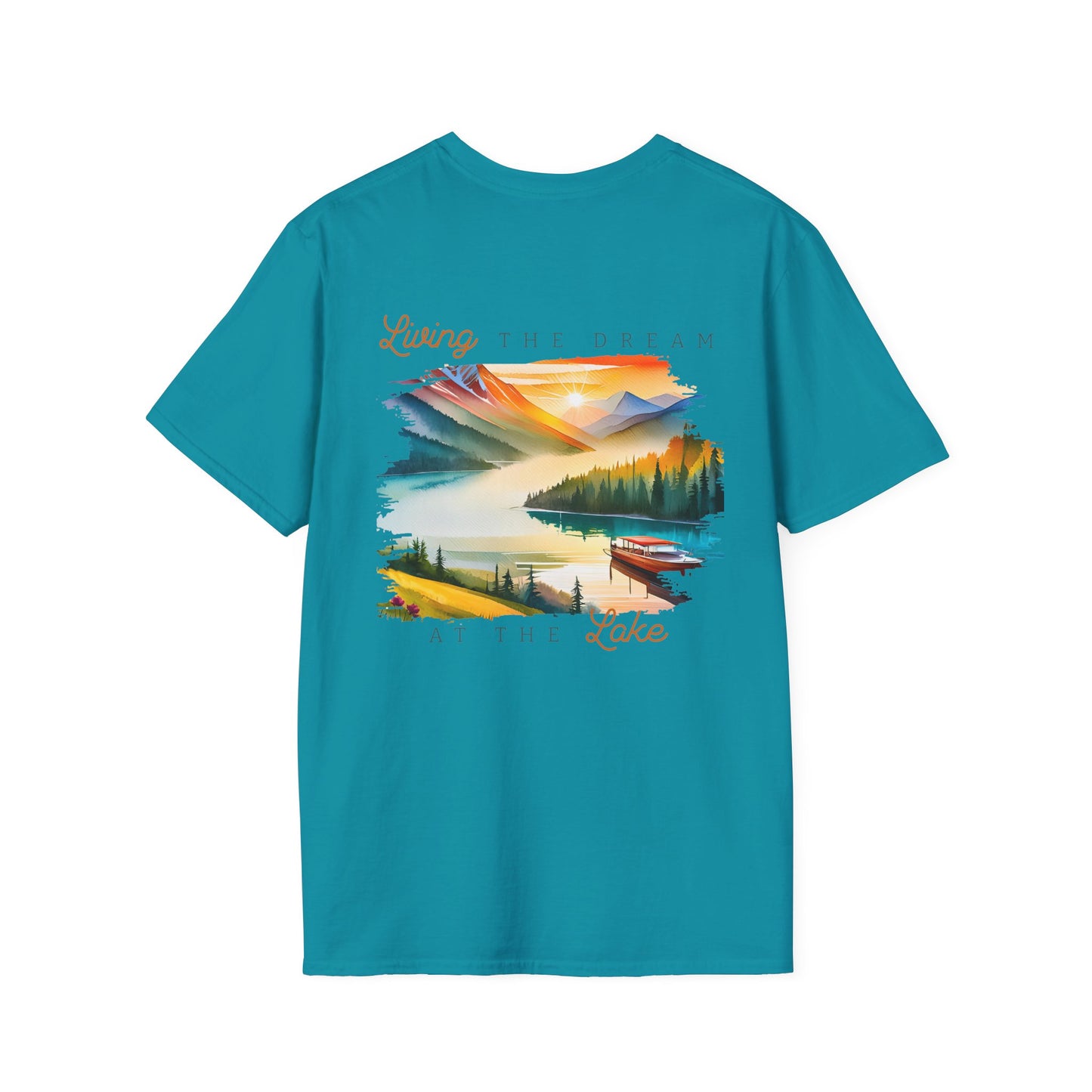 Lake Life T-Shirt — "Living the Dream at the Lake" Boat & Mountain Scene