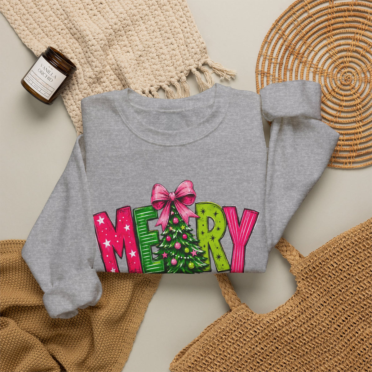 Crewneck Sweatshirt — Merry Christmas Pink & Green Holiday Tree Graphic