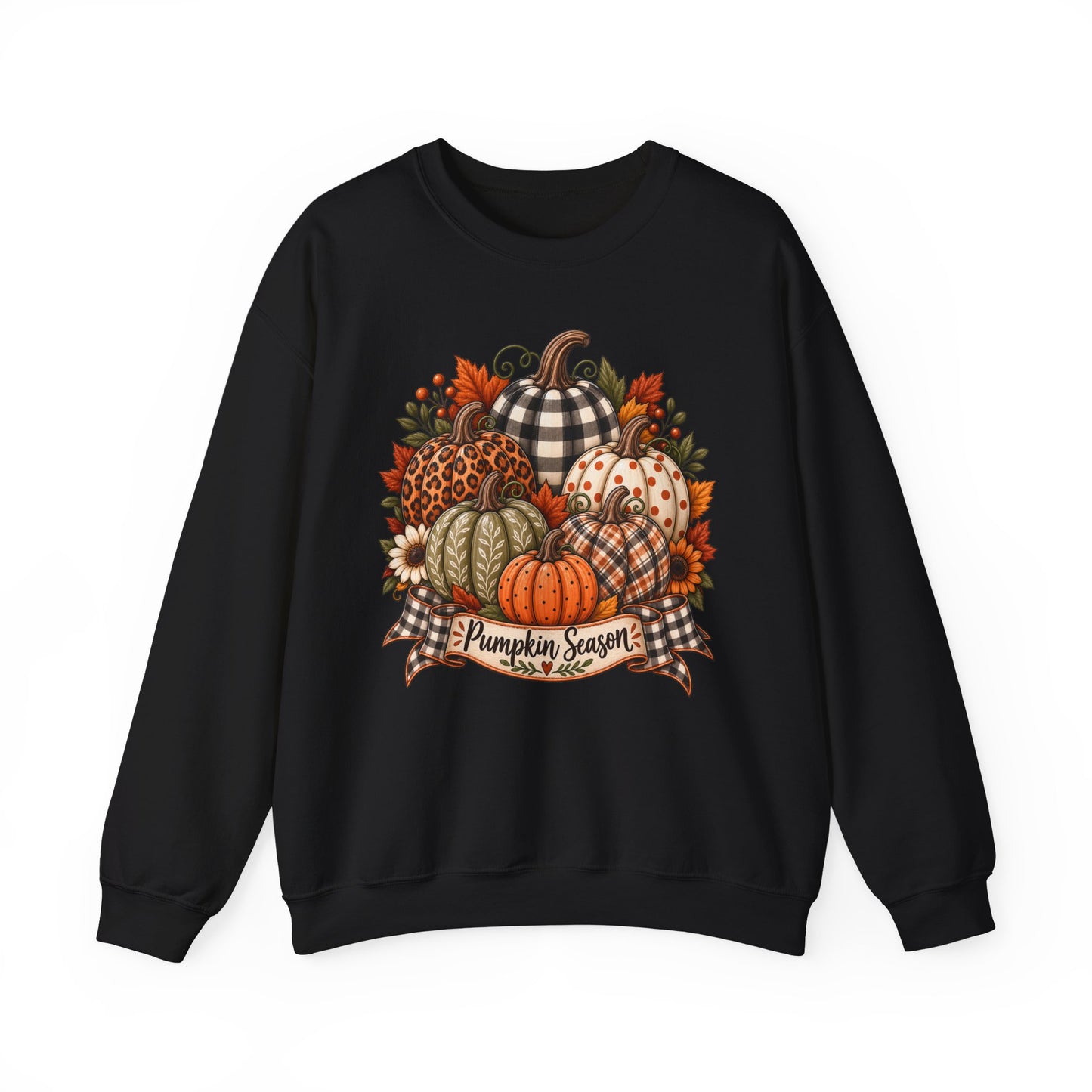 Pumpkin Season Fall Sweatshirt — Plaid & Floral Autumn Pumpkins Crewneck