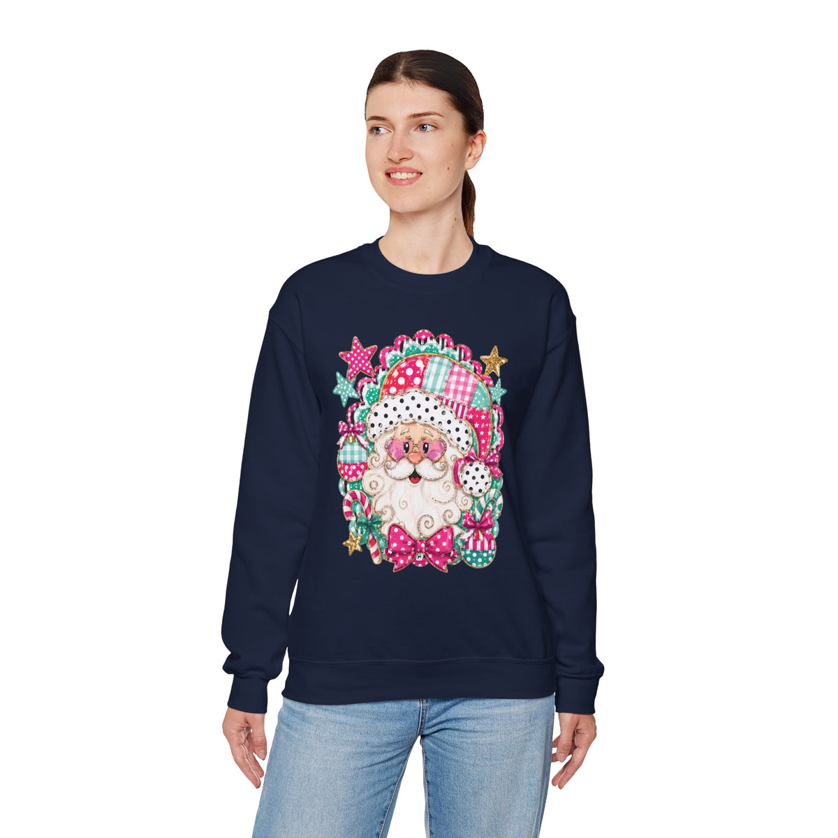 Pink Patchwork Santa Sweatshirt — Cute Christmas Crewneck for Women & Kids