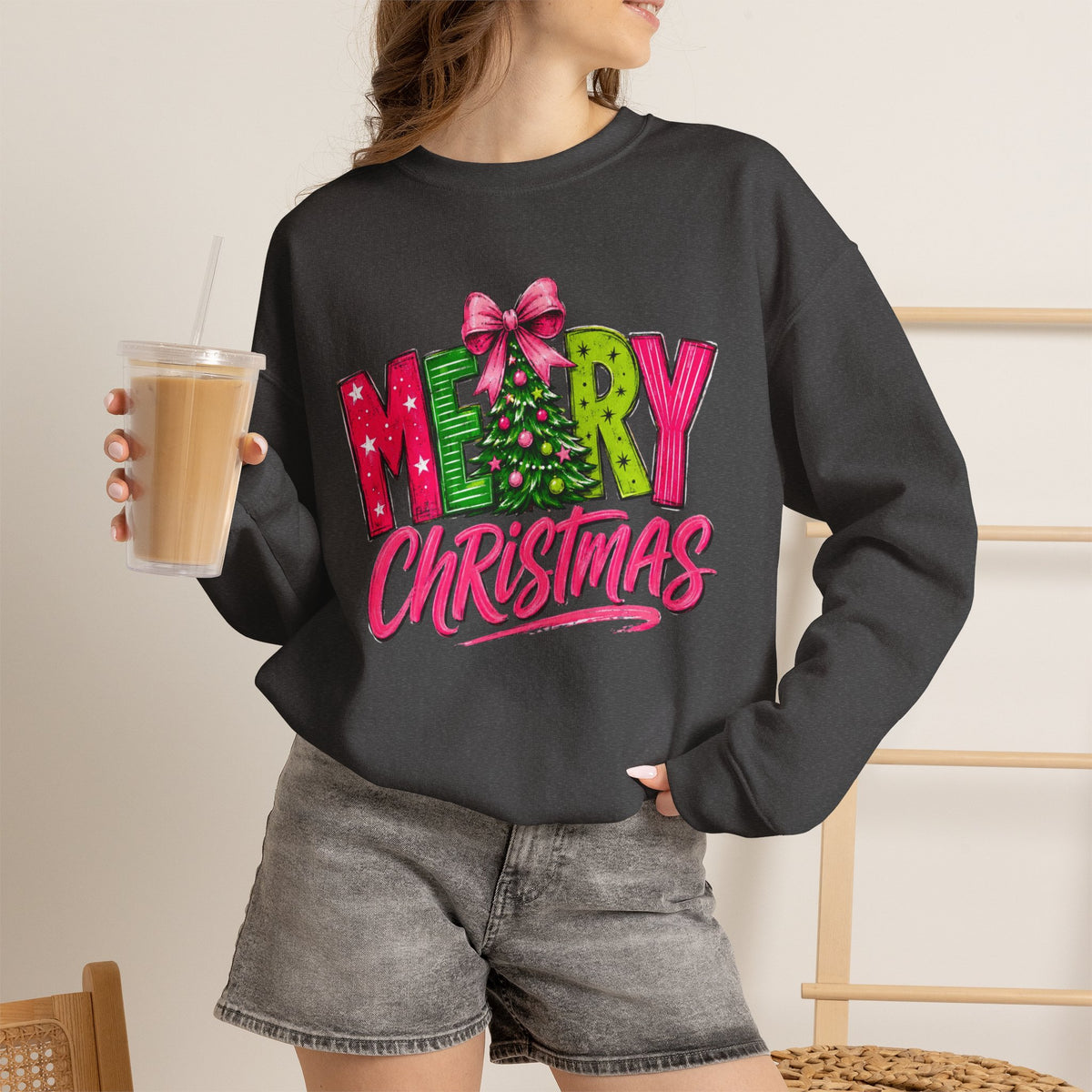 Crewneck Sweatshirt — Merry Christmas Pink & Green Holiday Tree Graphic