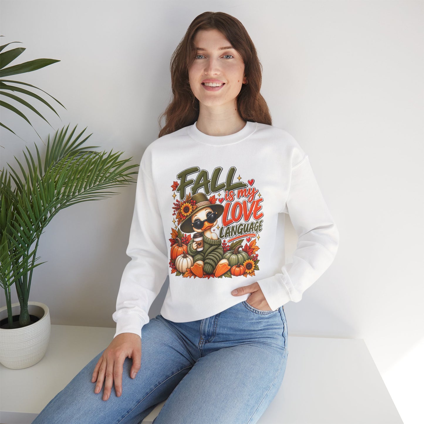 Fall Is My Love Language Sweatshirt — Cute Duck & Pumpkin Autumn Crewneck