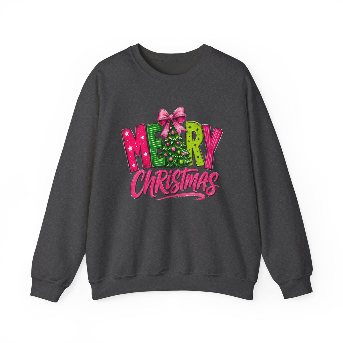 Crewneck Sweatshirt — Merry Christmas Pink & Green Holiday Tree Graphic