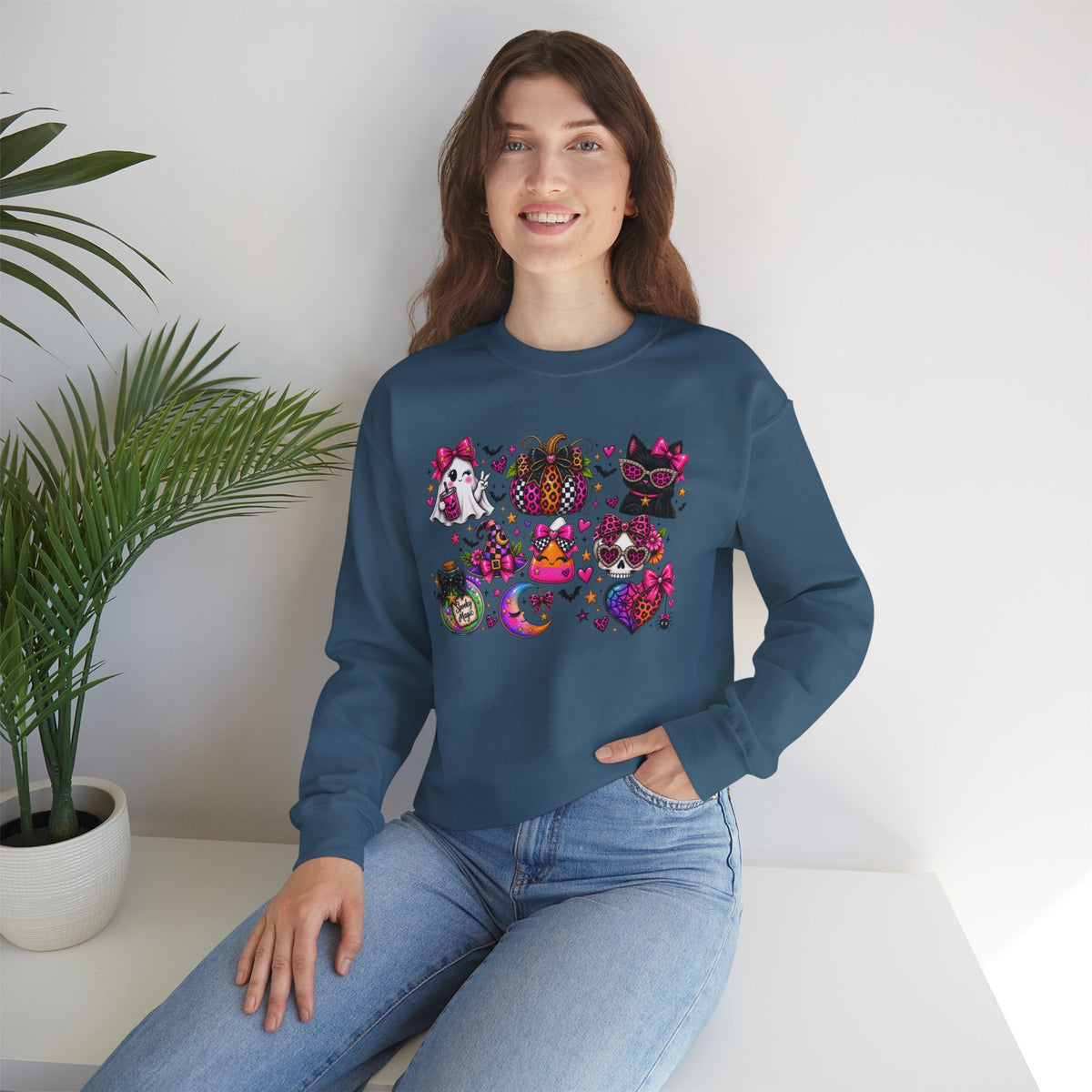 Halloween Cat & Pumpkin Crewneck Sweatshirt — Colorful Spooky Cute Design