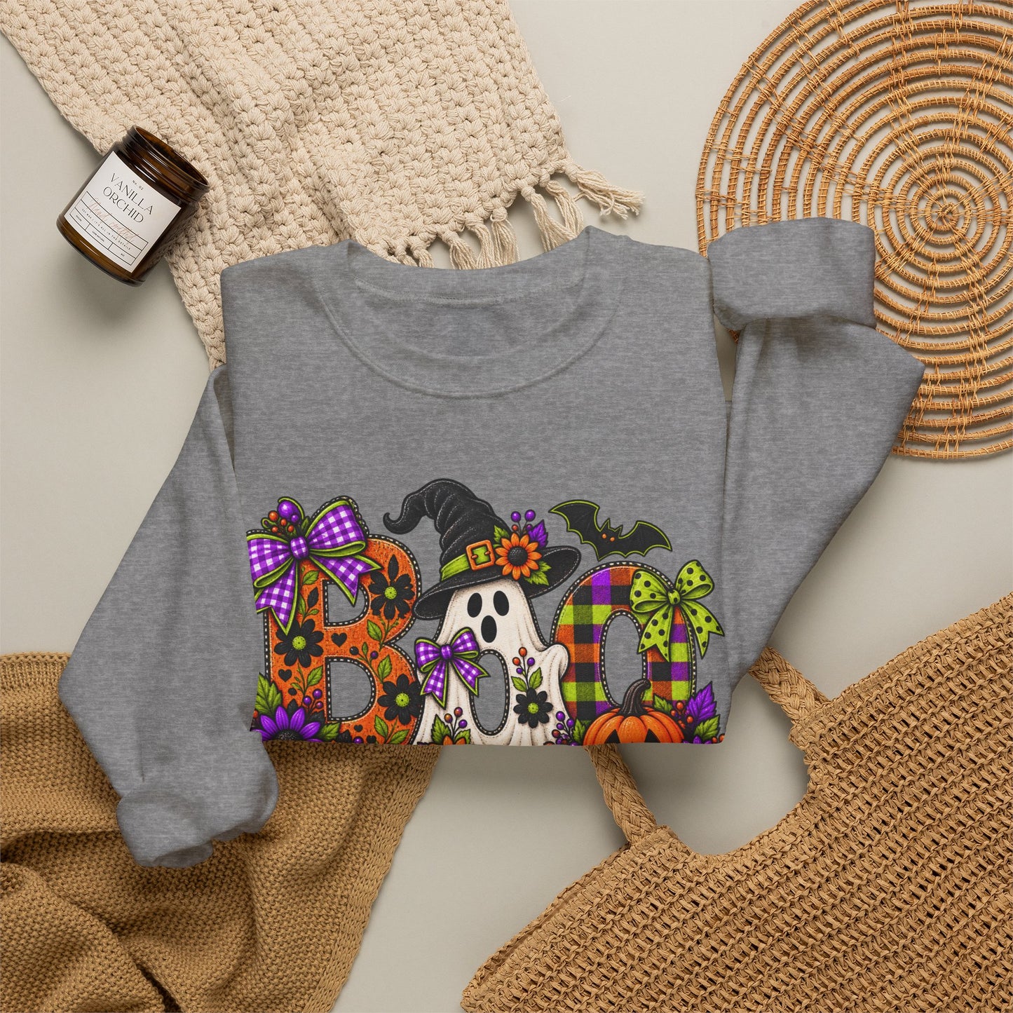 Halloween "BOO!" Crewneck Sweatshirt — Cute Spooky Ghost & Pumpkin Pullover