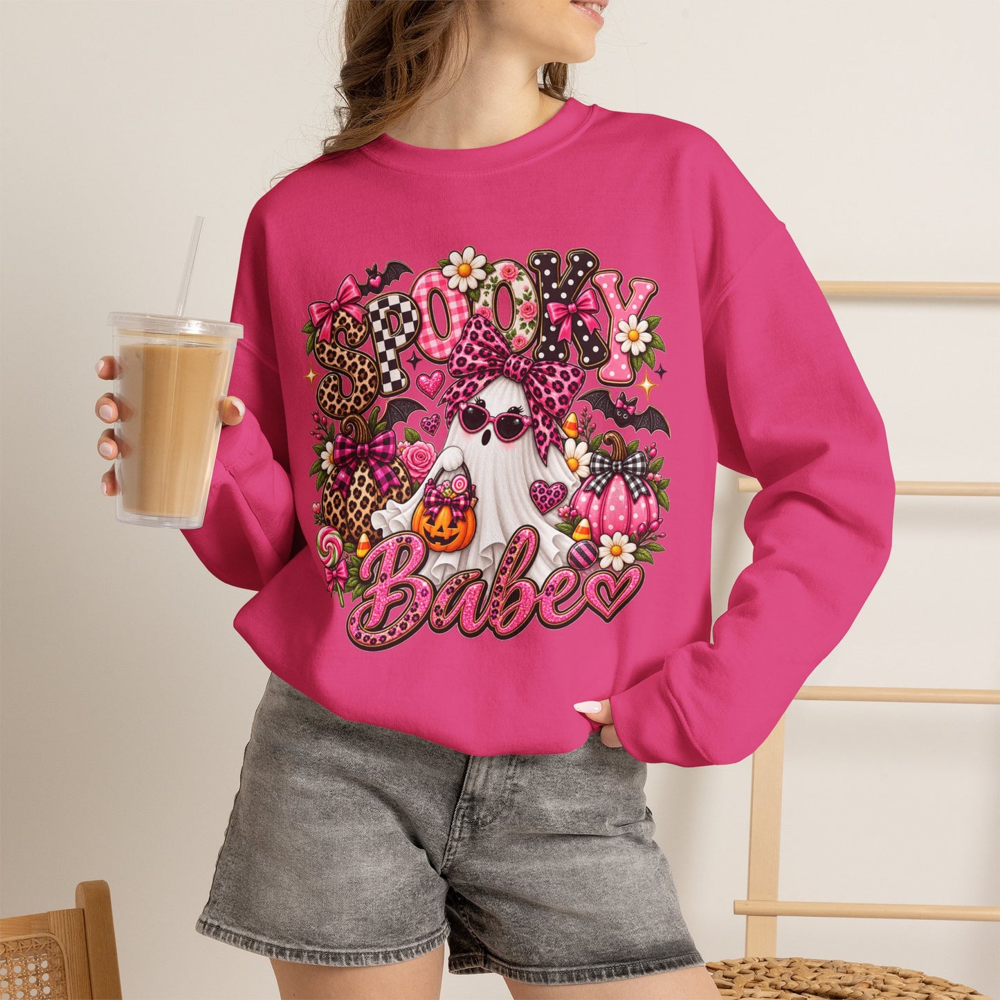 Crewneck Sweatshirt — 'Spooky Babe' Cute Halloween Ghost Graphic