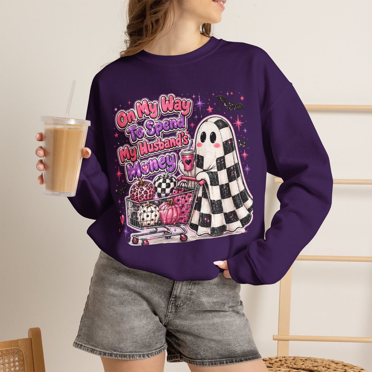 Ghost Shopping Crewneck Sweatshirt — "On My Way to Spend My Husband’s Money" Cute Gothic Halloween Pullover