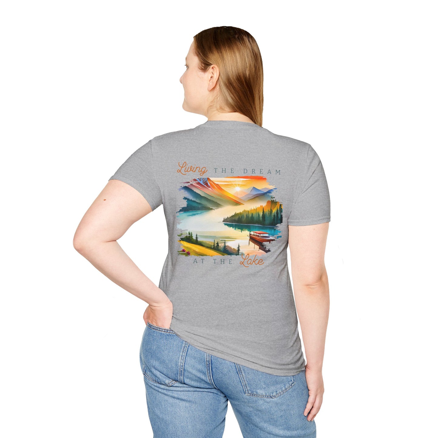 Lake Life T-Shirt — "Living the Dream at the Lake" Boat & Mountain Scene