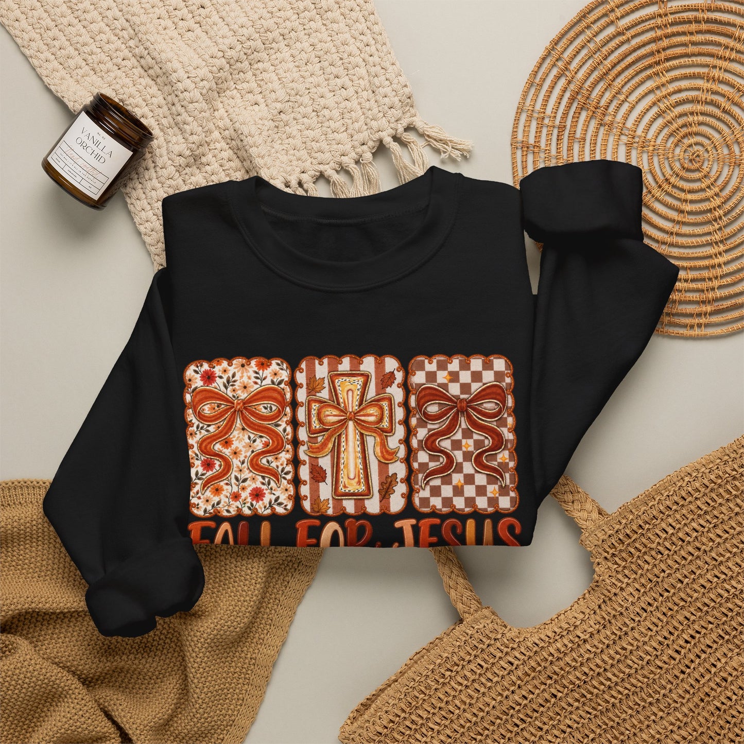 Crewneck Sweatshirt — Fall For Jesus Graphic, Autumn Leaves Faith Sweatshirt