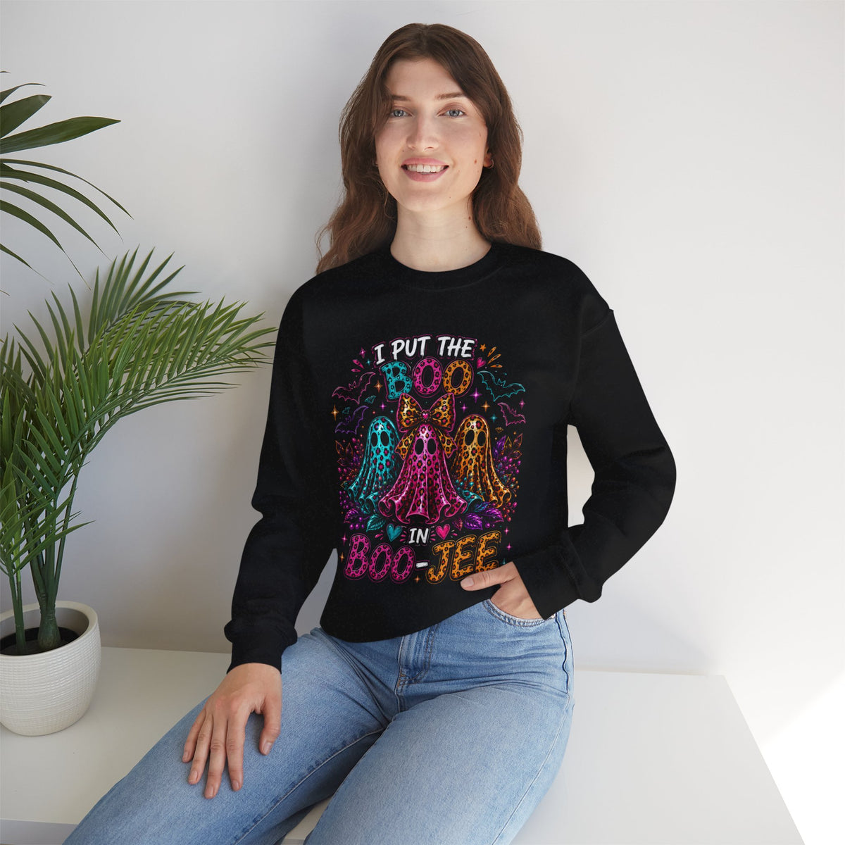 Halloween Crewneck Sweatshirt - "I Put the Boo in Boo-tee" Colorful Ghosts
