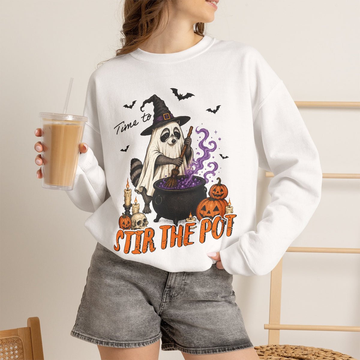 Sweatshirt — "Stir the Pot" Witch Raccoon Halloween Crewneck
