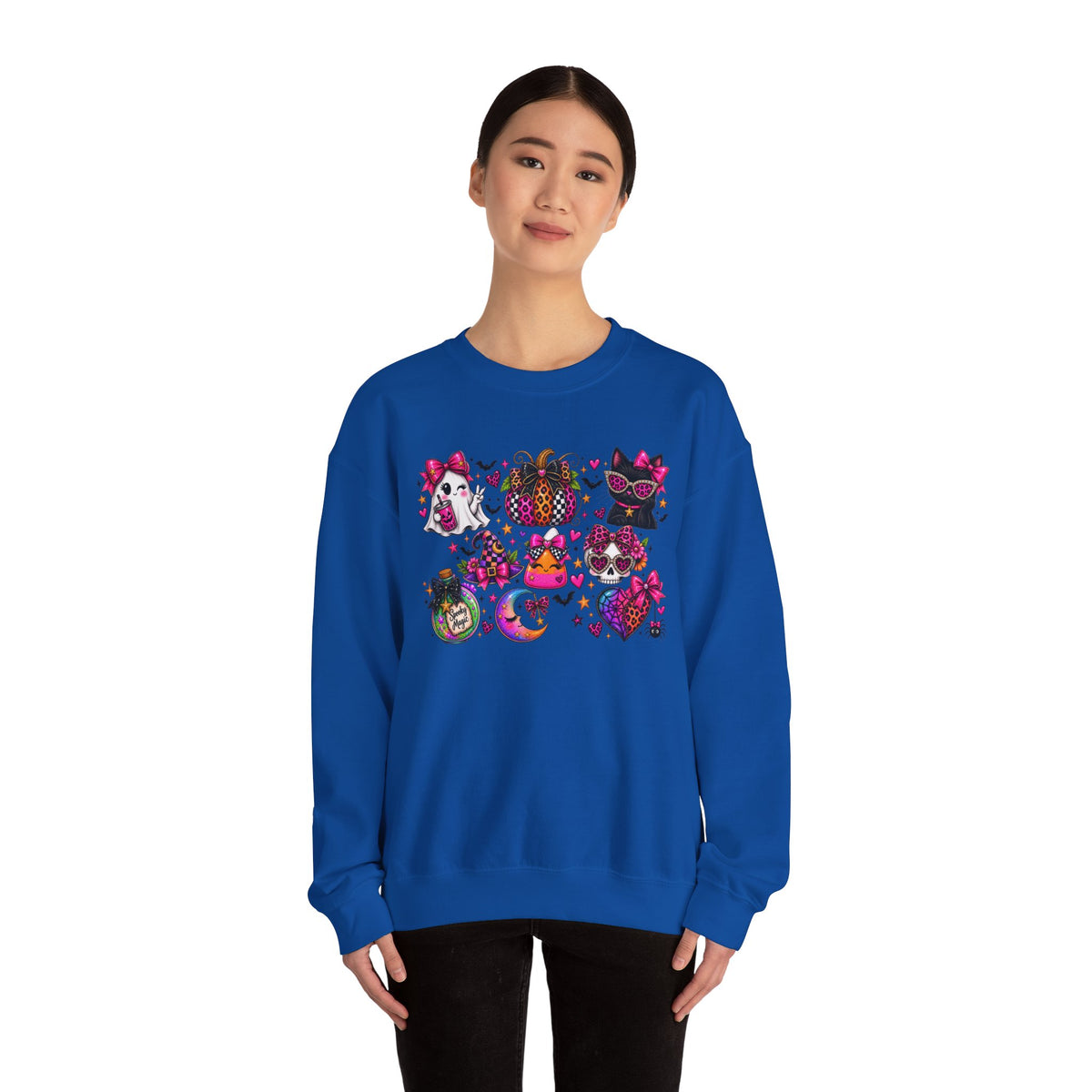 Halloween Cat & Pumpkin Crewneck Sweatshirt — Colorful Spooky Cute Design