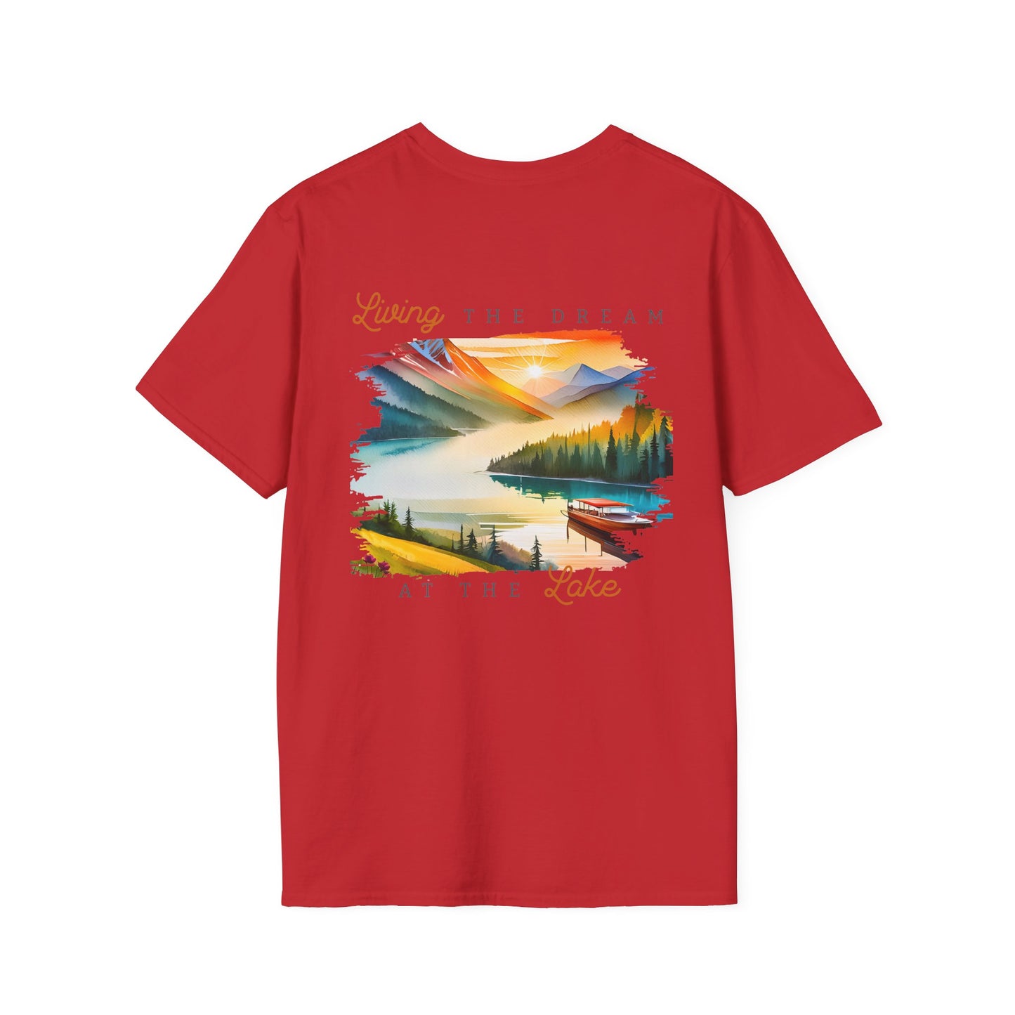 Lake Life T-Shirt — "Living the Dream at the Lake" Boat & Mountain Scene