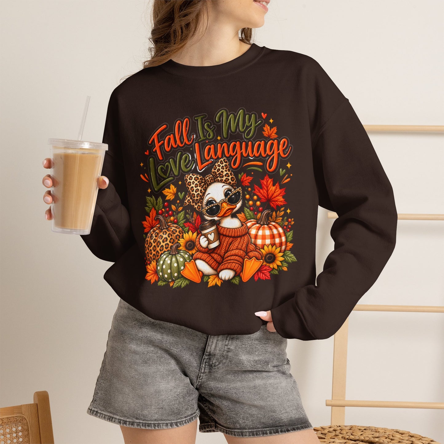 Fall Is My Love Language Duck Sweatshirt — Cute Autumn Duck & Pumpkins Crewneck