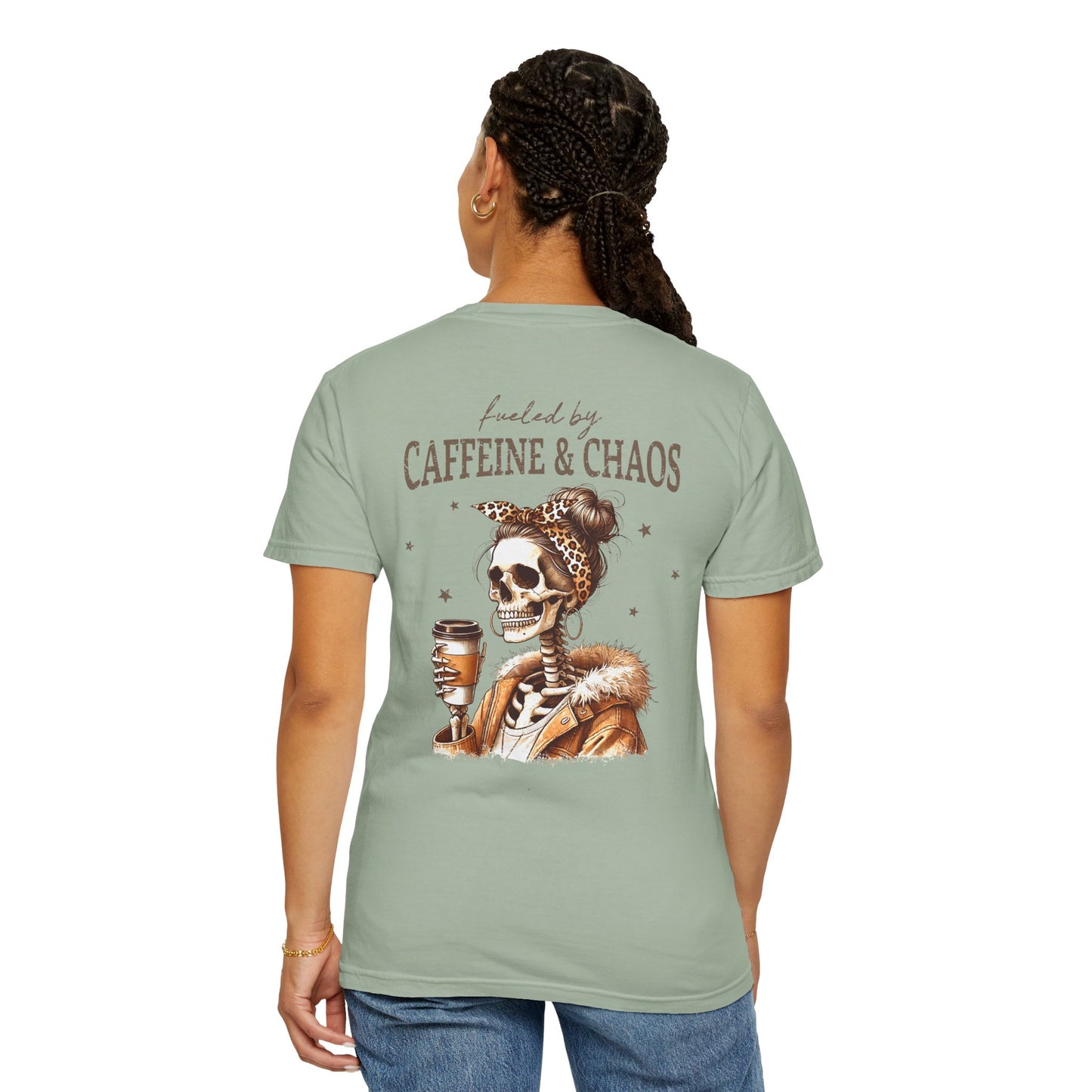 Caffeine & Chaos Skull Tee — Coffee Lover Skeleton Graphic T-Shirt