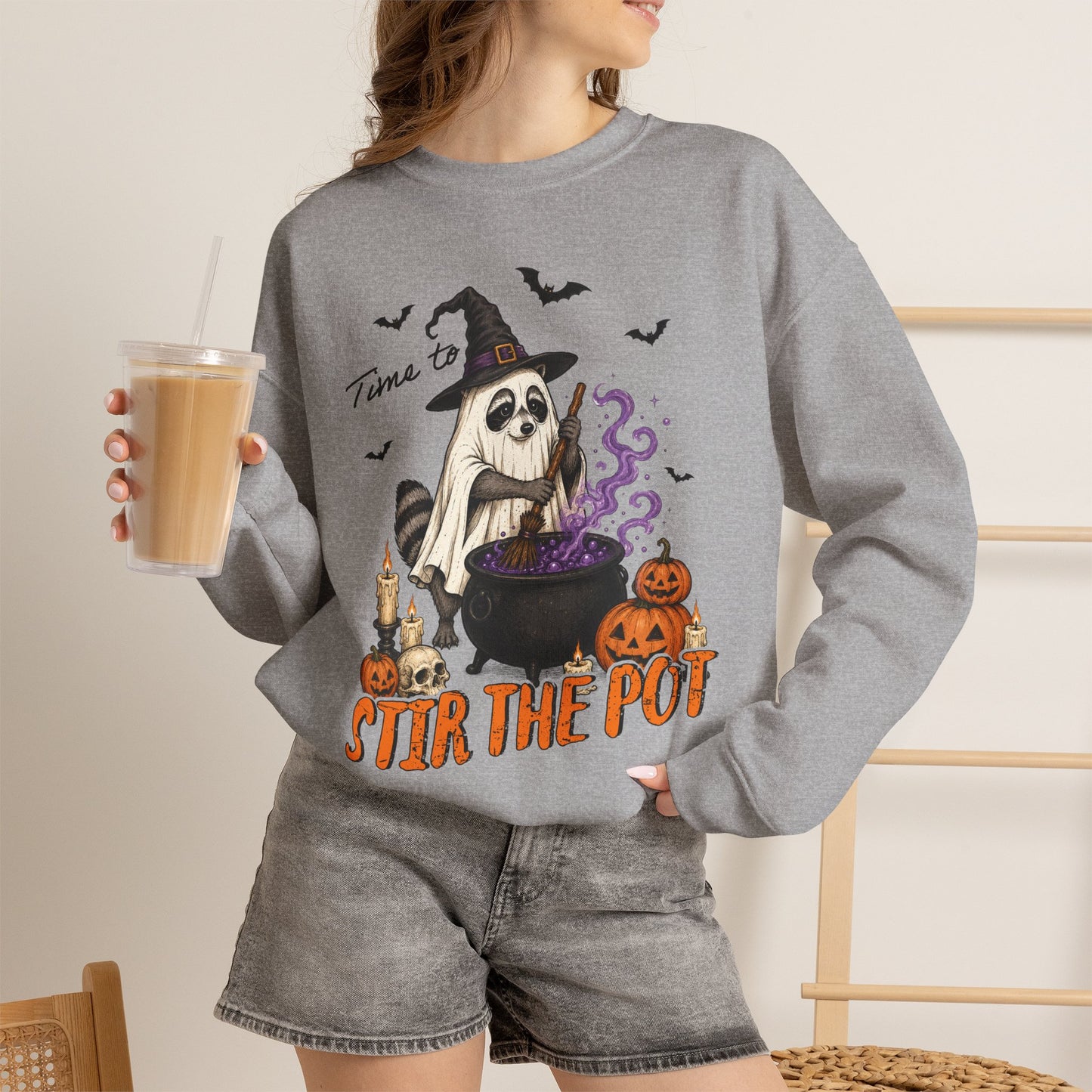Sweatshirt — "Stir the Pot" Witch Raccoon Halloween Crewneck