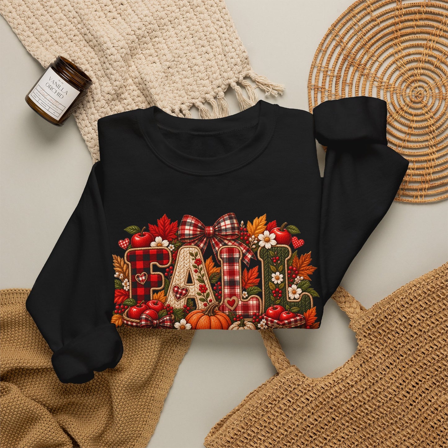 Fall Farmhouse Crewneck Sweatshirt — Pumpkin, Plaid & Autumn Decor Graphic