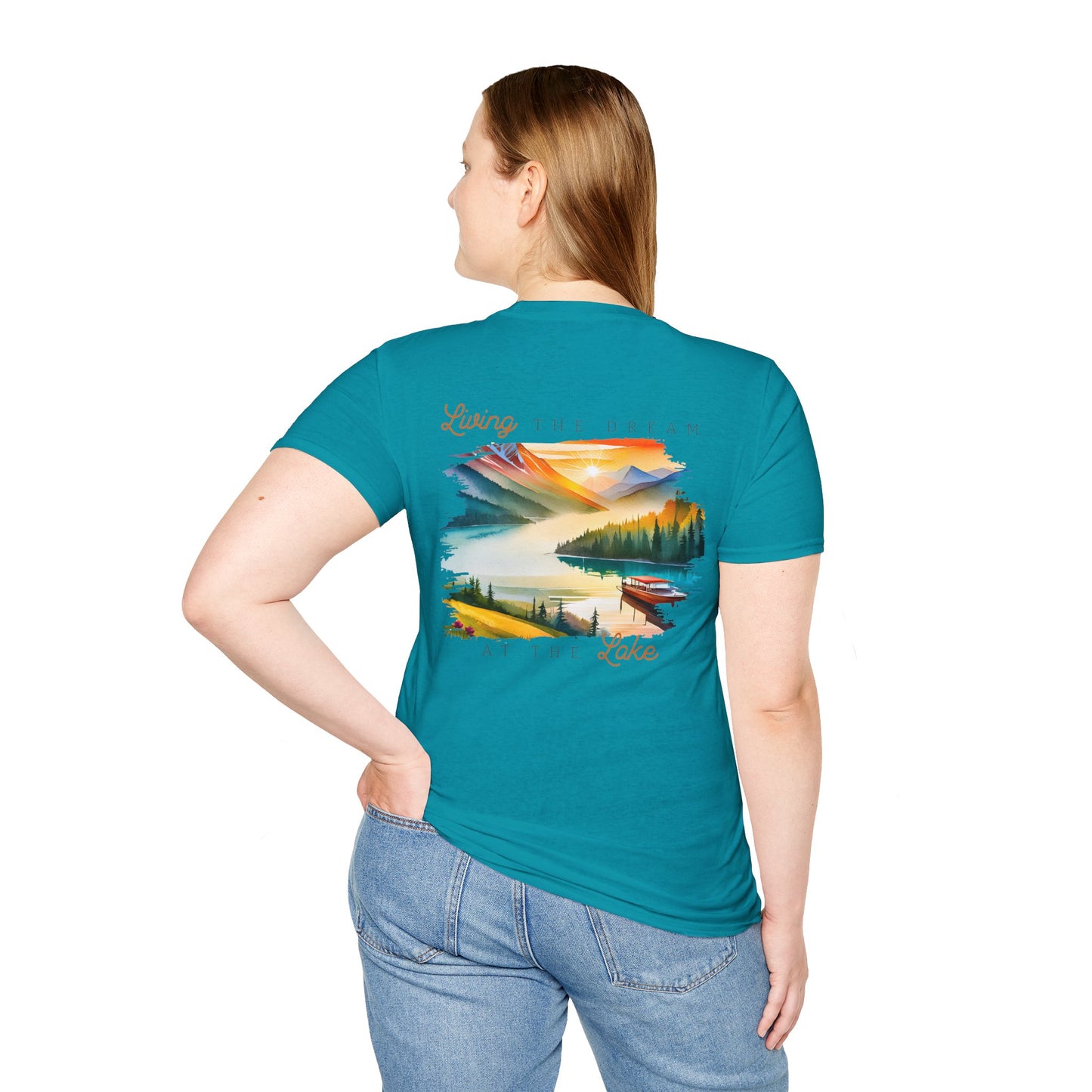 Lake Life T-Shirt — "Living the Dream at the Lake" Boat & Mountain Scene