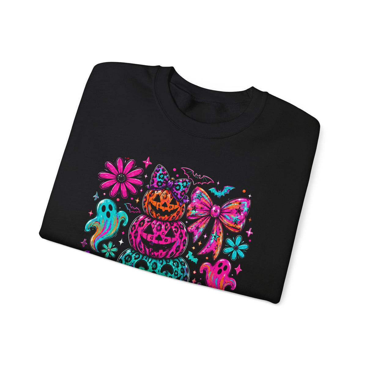 Spooky Season Sweatshirt — Colorful Neon Halloween Pumpkin & Ghost Crewneck