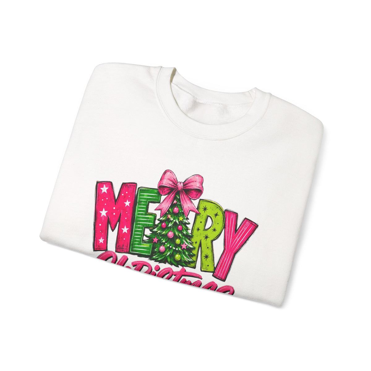 Crewneck Sweatshirt — Merry Christmas Pink & Green Holiday Tree Graphic
