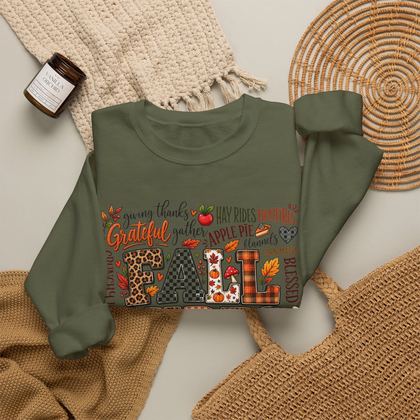 Fall Vibes Crewneck Sweatshirt — Autumn Leaves, Pumpkins & Cozy Plaid Design