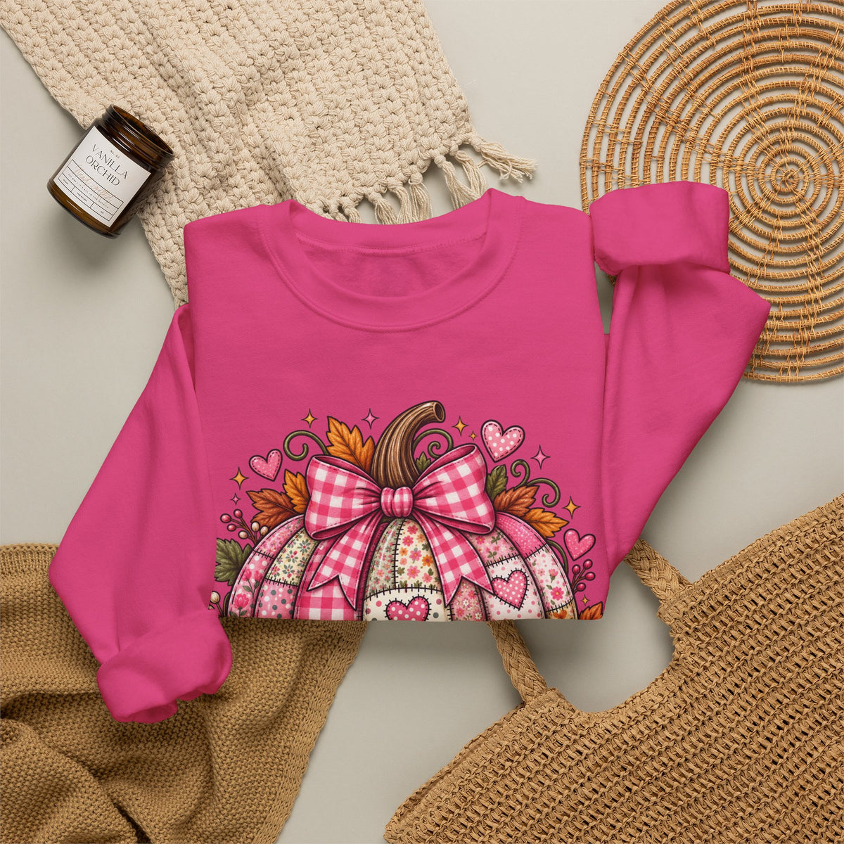 Hey Pumpkin Sweatshirt — Pink Plaid Pumpkin Crewneck for Fall & Valentine’s