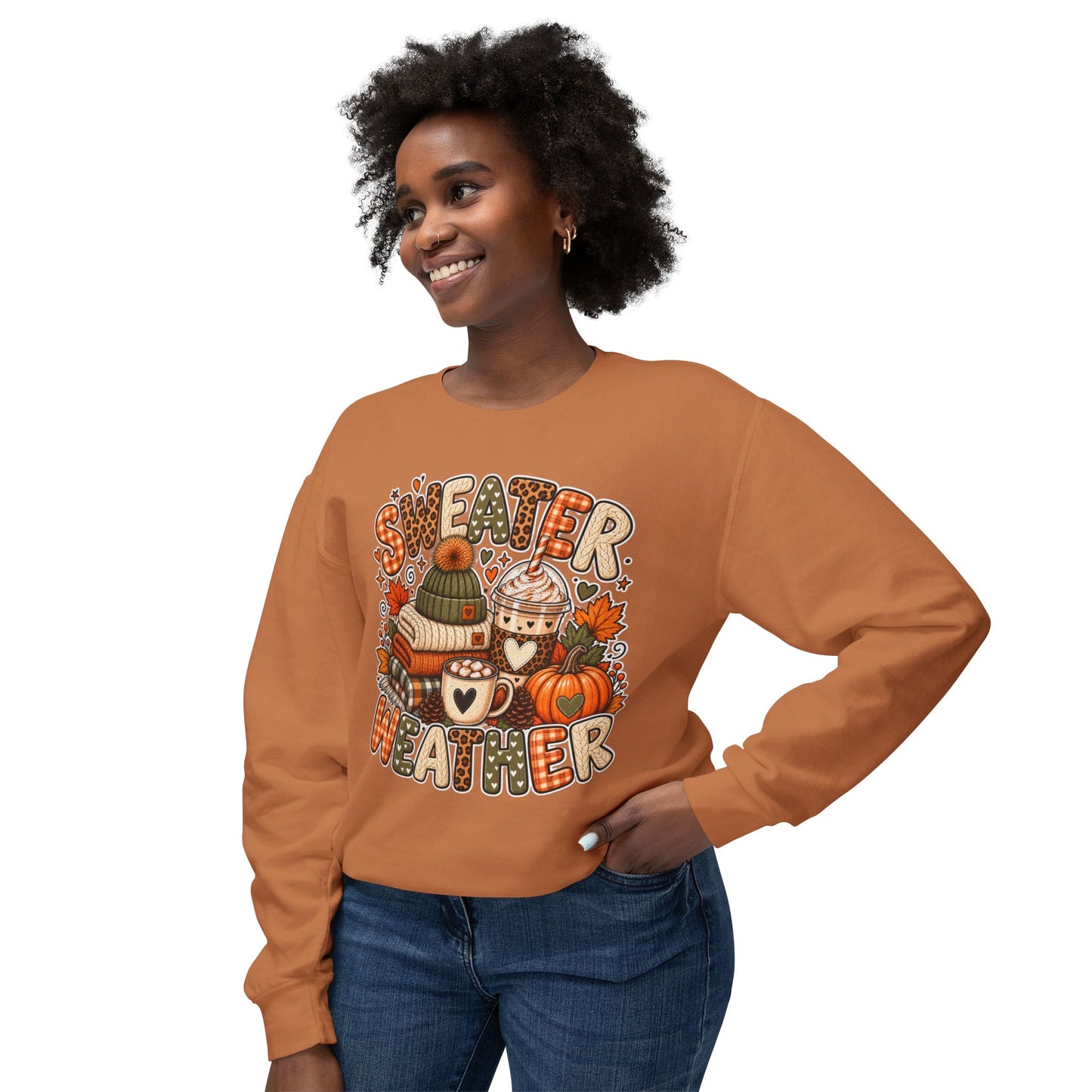 Sweater Weather Crewneck Sweatshirt – Cozy Fall Pumpkin & Hot Cocoa Graphic