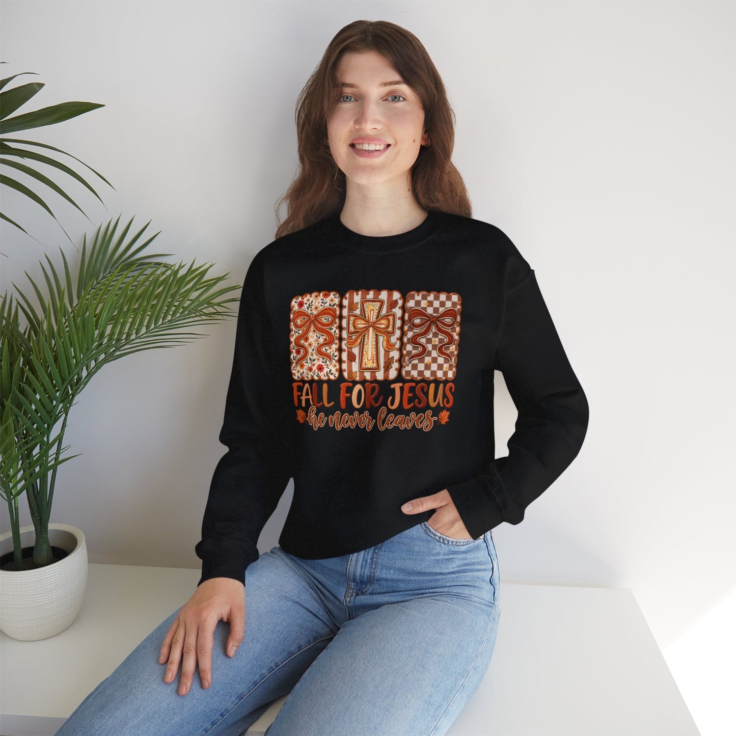 Crewneck Sweatshirt — Fall For Jesus Graphic, Autumn Leaves Faith Sweatshirt