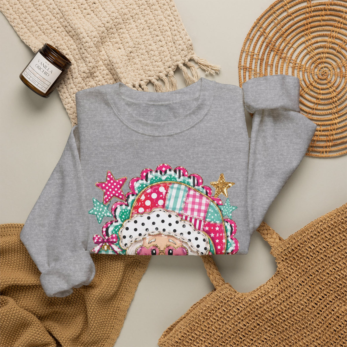 Pink Patchwork Santa Sweatshirt — Cute Christmas Crewneck for Women & Kids